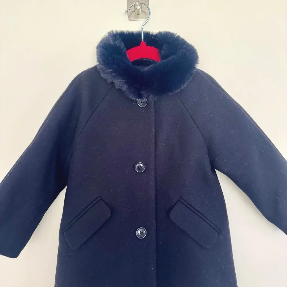 Jacadi Paris Girls Wool Blend Winter Coat with Faux Fur Collar in Blue